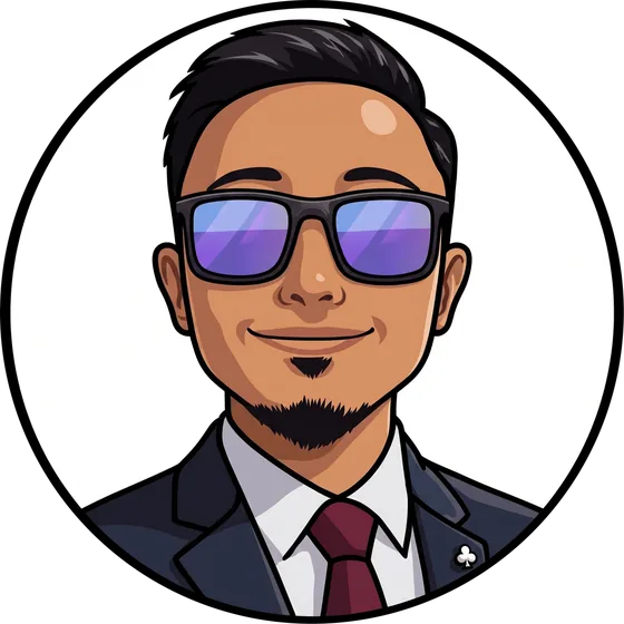Illustrated portrait of Fahmy: dark hair, tinted glasses, dark suit and burgundy tie