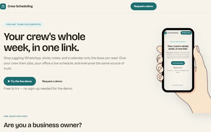 Crew Scheduling landing page: your crew's whole week, in one link